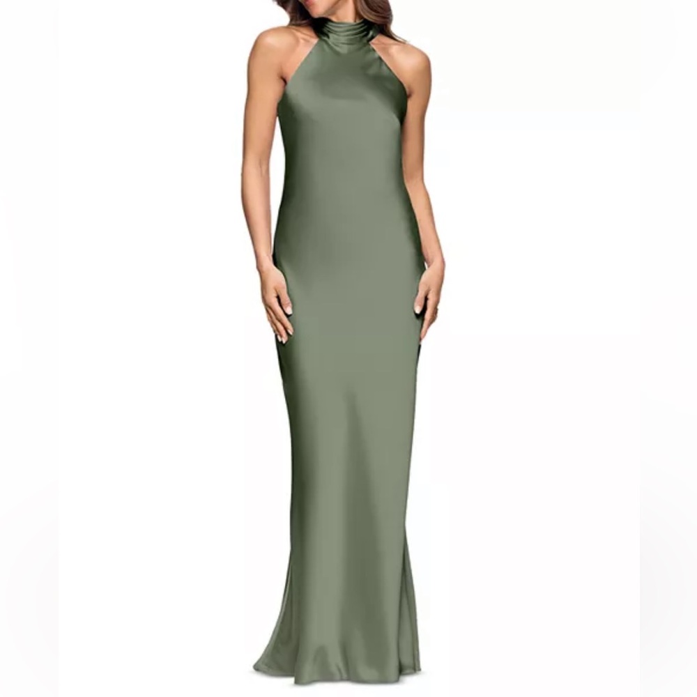NEW AQUA Olive Green Halter Sleeveless Satin Gown - Size 2 - Picture 2 of 12